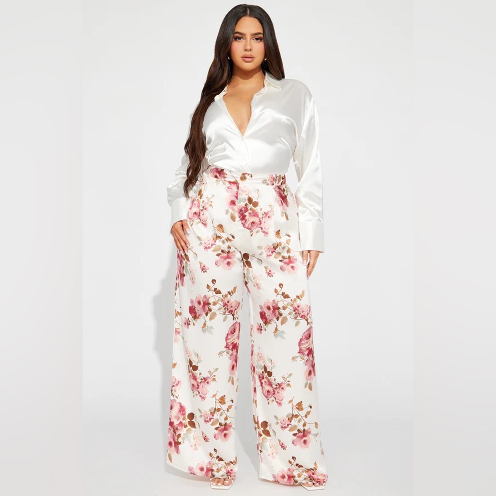 Fashion Nova Pink and Cream Wide Leg Pants